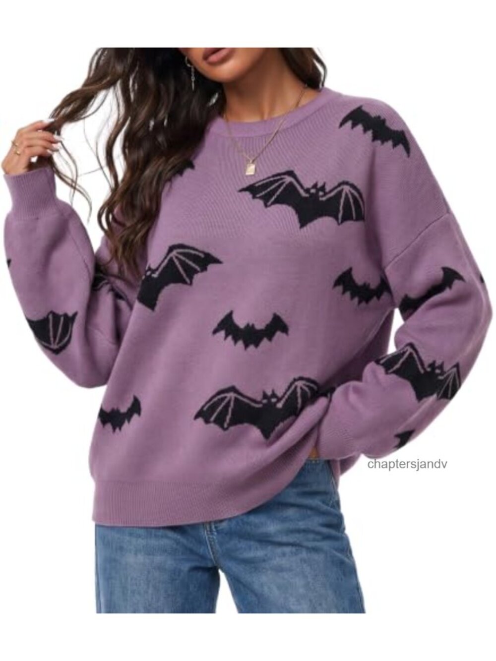 Wool Blend Oversized Crew Neck Pullover Sweater Halloween Bat Print